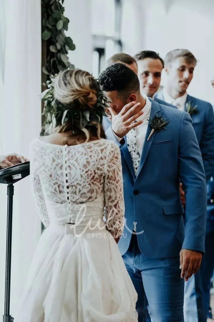 Two Piece Lace Wedding Dress with Ruching V-neck and Sweep Brush Train