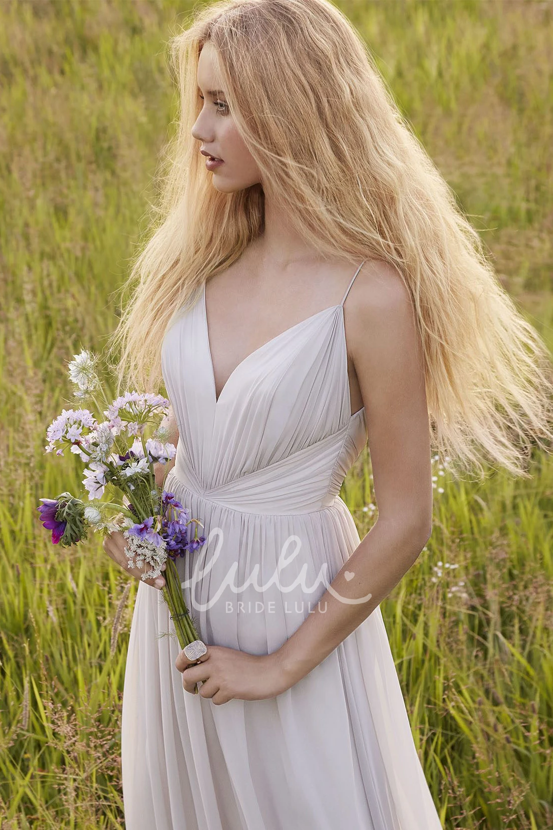 Sleeveless Ruched Chiffon Bridesmaid Dress with Spaghetti Straps Elegant and Flowy