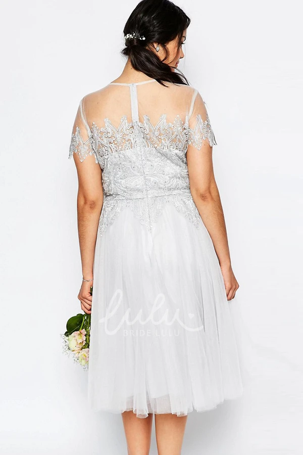 Tulle Bridesmaid Dress with Appliques Short Sleeve Scoop Neck Tea-Length