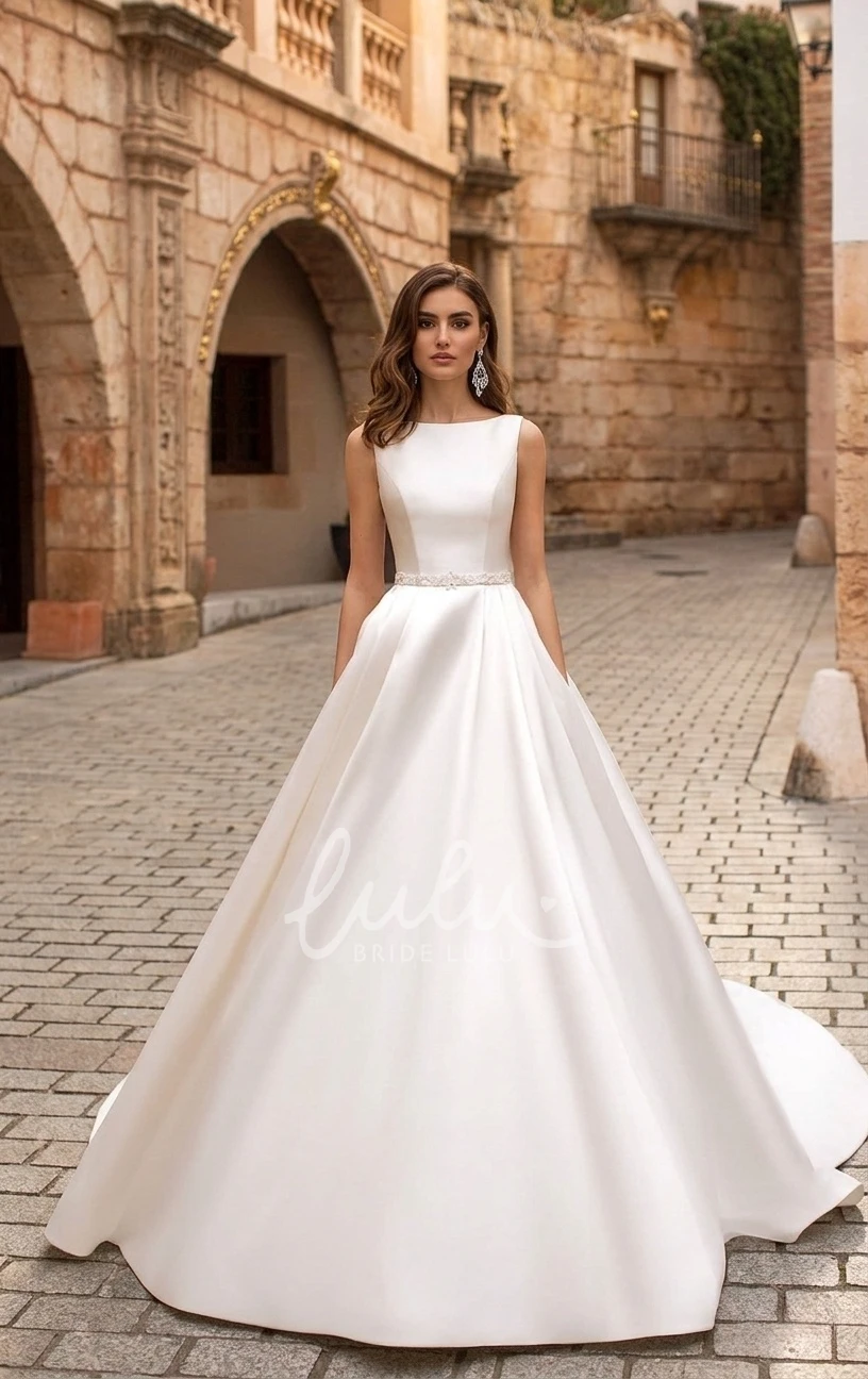 Modest Elegant A-Line Boat Neck Spring Wedding Dress Princess Solid Button Back Court Train Bridal Gown