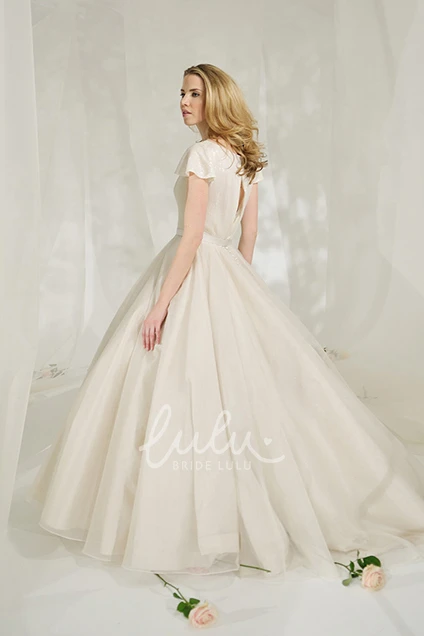 Jewel-Neck Tulle&Satin A-Line Wedding Dress with Poet Sleeves