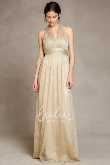 Empire V-Neck Tulle Bridesmaid Dress with Straps and Draping Sleeveless Bow Detail