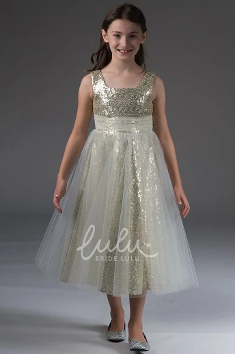 Empire Sequin Flower Girl Dress with Tulle-wrap Skirt Tea Length Prom Dress