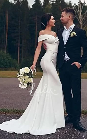 Mermaid Satin Wedding Dress with Off-the-Shoulder Short Sleeves for Country Garden Wedding Elegant Classy