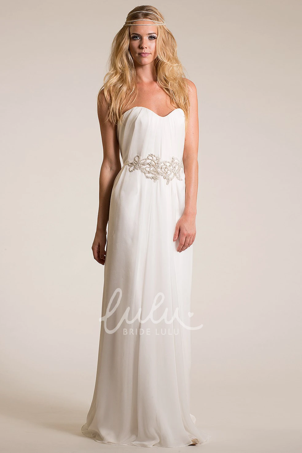 Jeweled Tulle Empire Wedding Dress with V-Back and Sweep Train