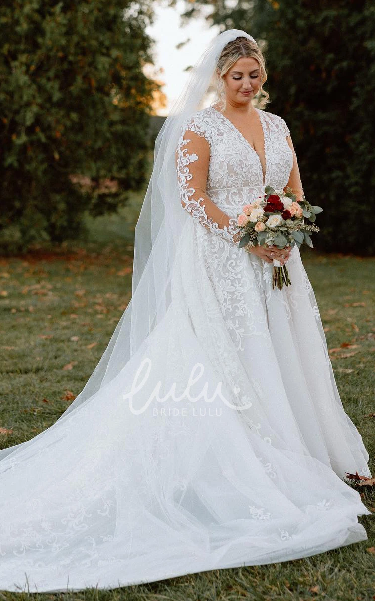 Sexy Plus Size Court Wedding Dress Illusion Long Sleeve Appliques Tulle Sweep Train Gown