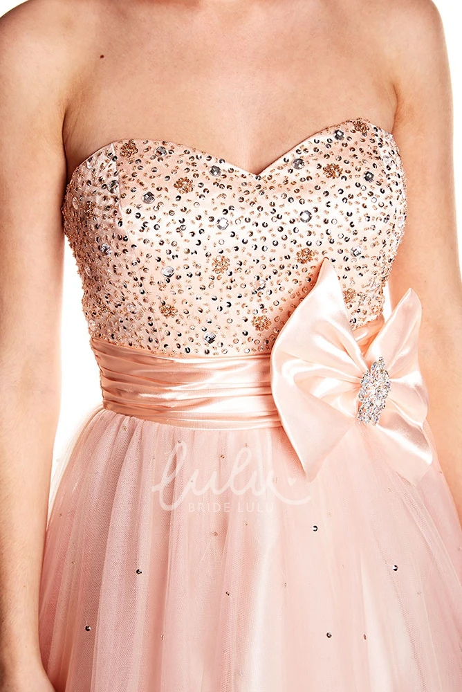 Maxi A-Line Tulle and Satin Prom Dress with Beaded Bodice and Strapless Design