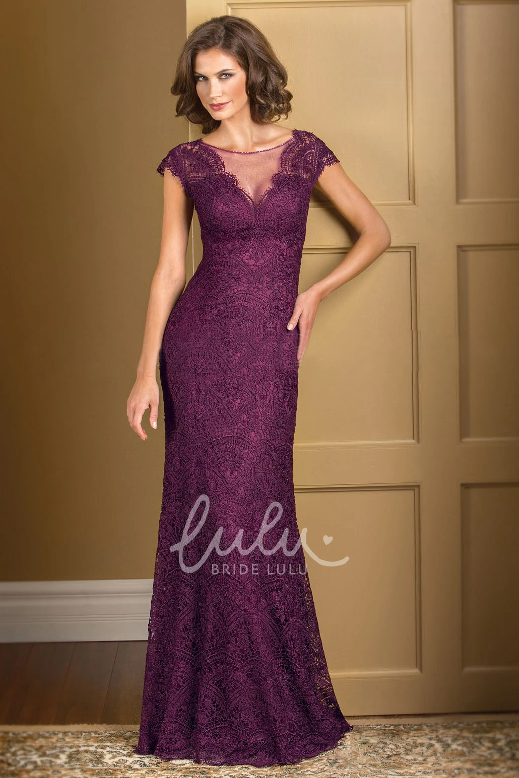 Lace Cap-Sleeved Illusion Formal Dress with V-Neckline
