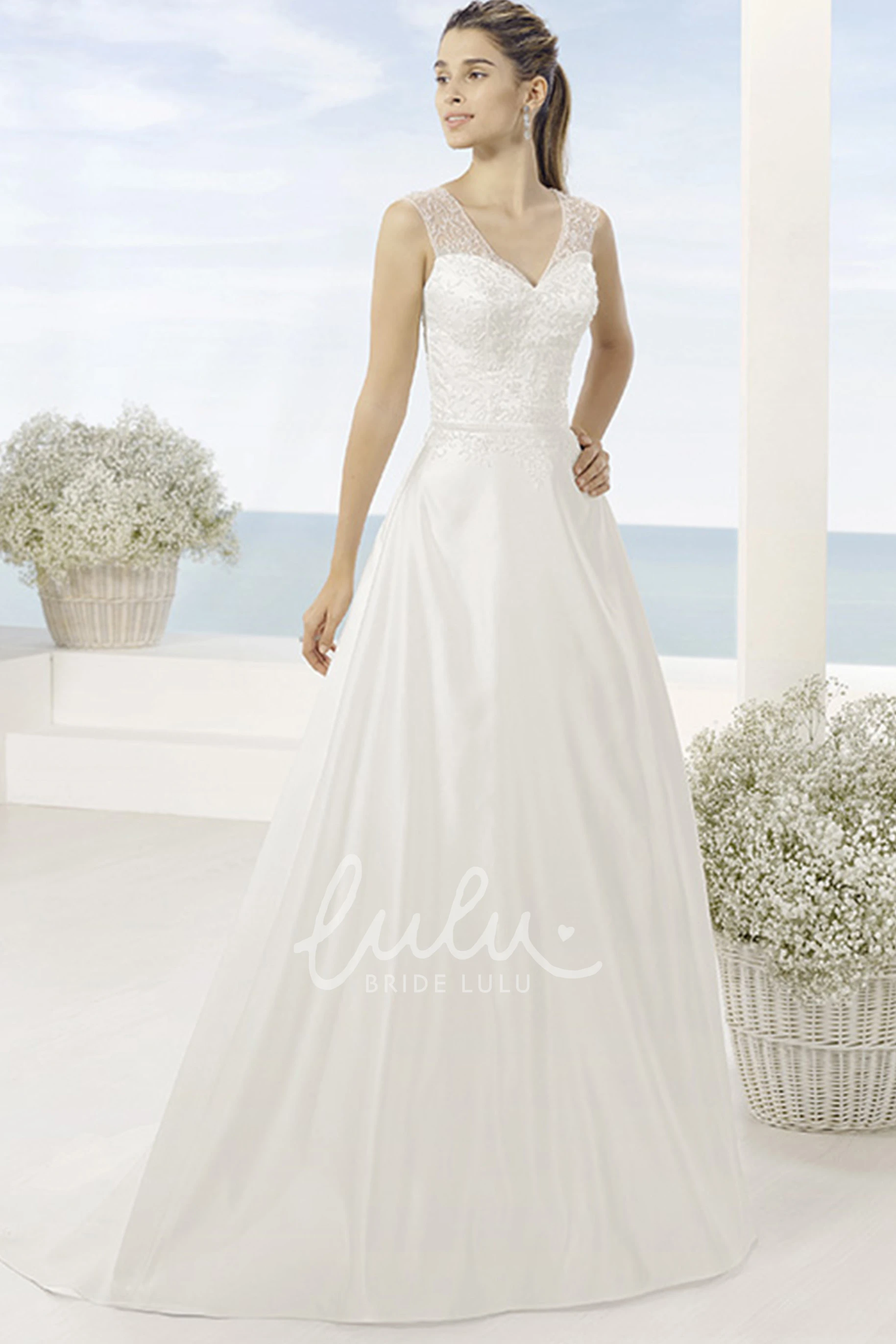 A-Line V-Neck Appliqued Satin Wedding Dress with Court Train and Illusion Back