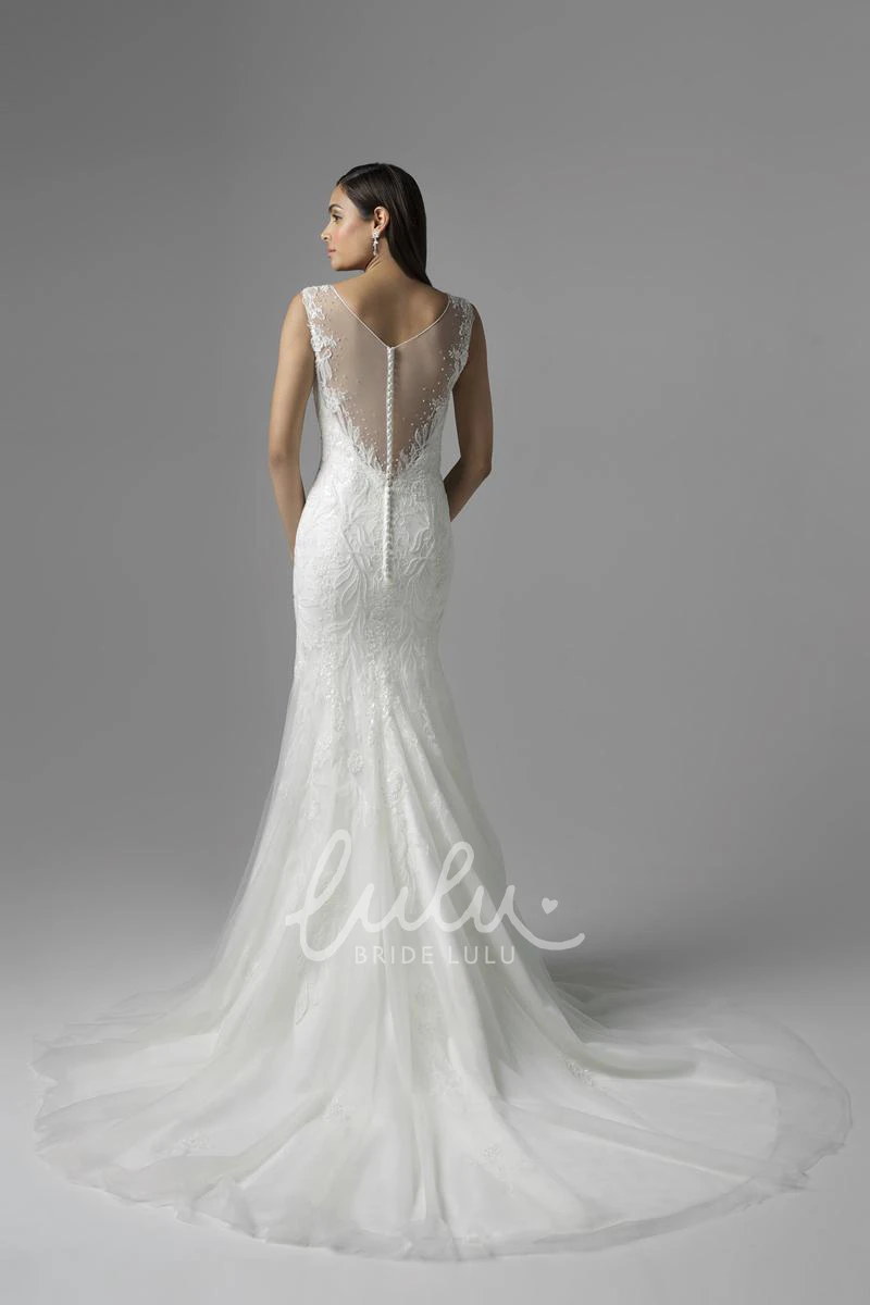 Lace&Tulle Mermaid Wedding Dress with Beading and Illusion Sleeveless Scoop-Neck