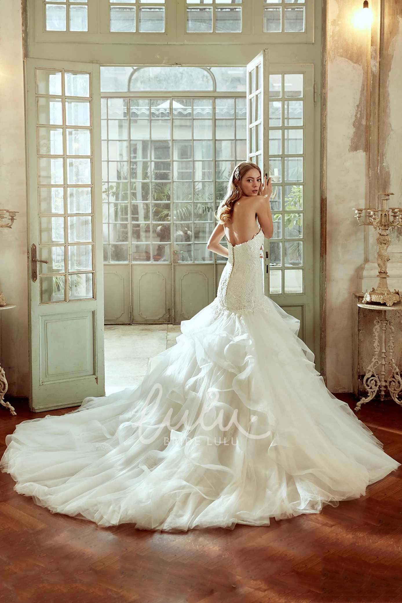 Cascading Ruffles Strapless Wedding Dress with Lace Corset Unique Bridal Gown