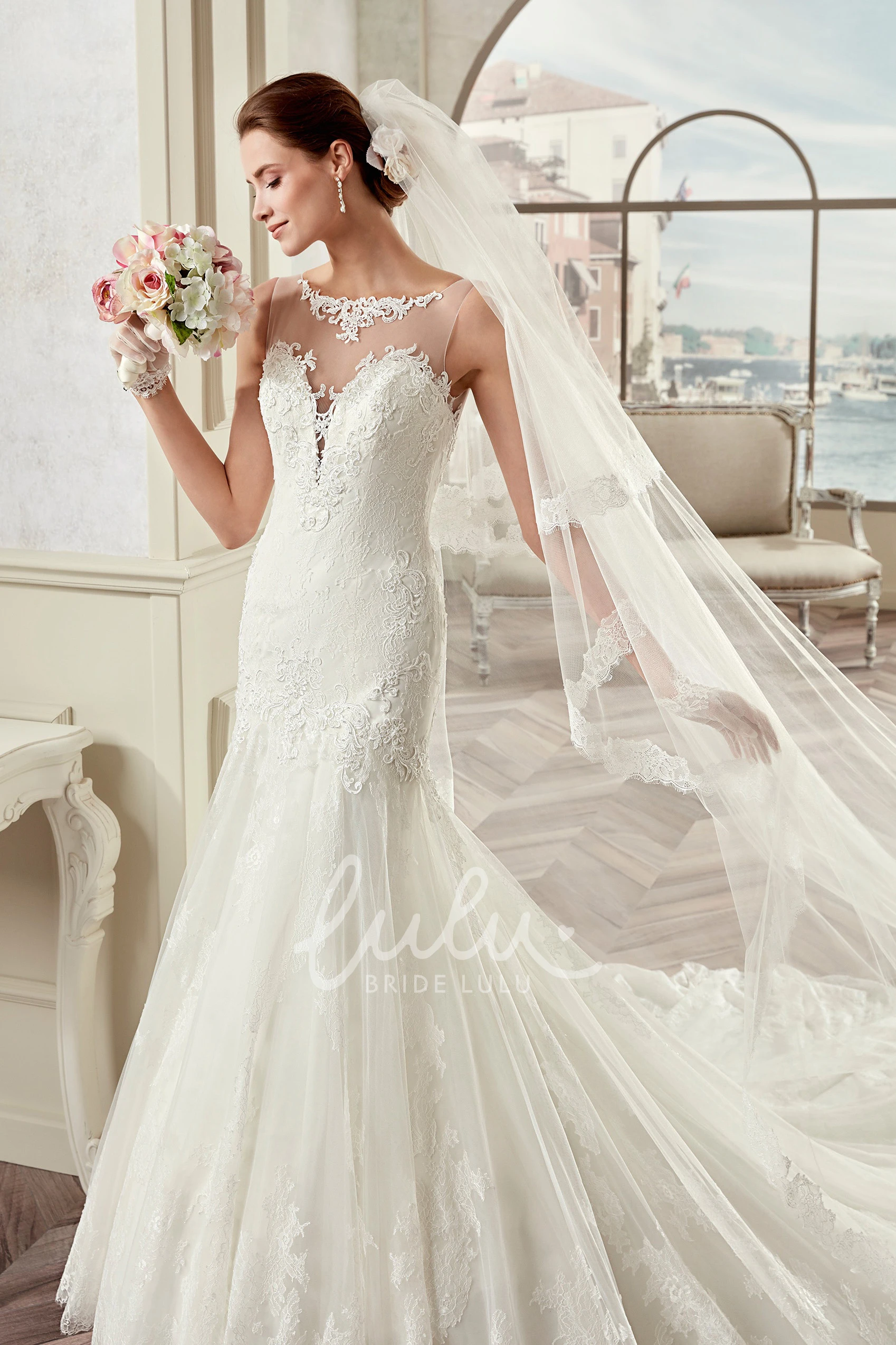 Lace Mermaid Wedding Dress with Jewel Neckline Cap Sleeves and Illusion Design