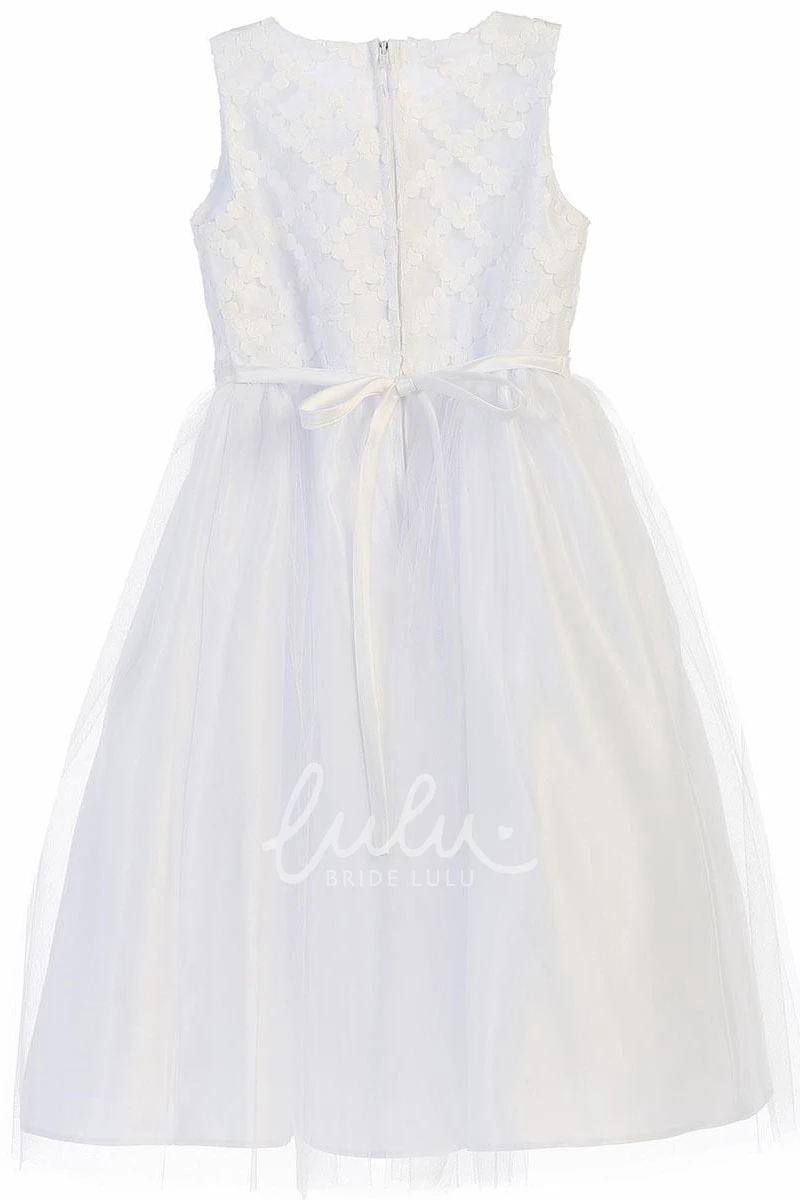 Sleeveless Tea-Length Tulle and Satin Girl Dress with Bow