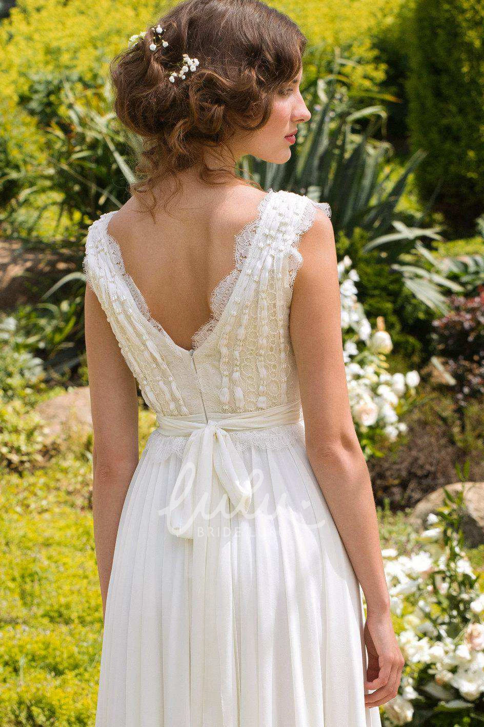 Sleeveless Chiffon Pleated Wedding Dress with Lace and Bow Plunged Bridal Gown