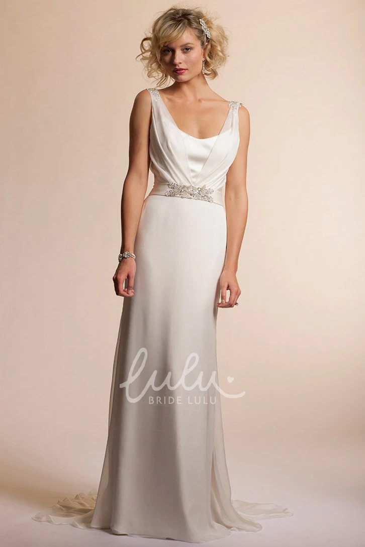 Jeweled Chiffon Long Wedding Dress with Sweep Train and V-Back Unique Bridal Gown