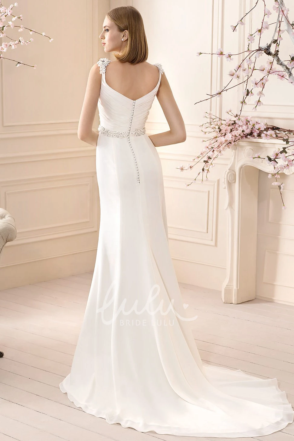 Floral Chiffon Cowl-Neck Wedding Dress with Beading Sleeveless