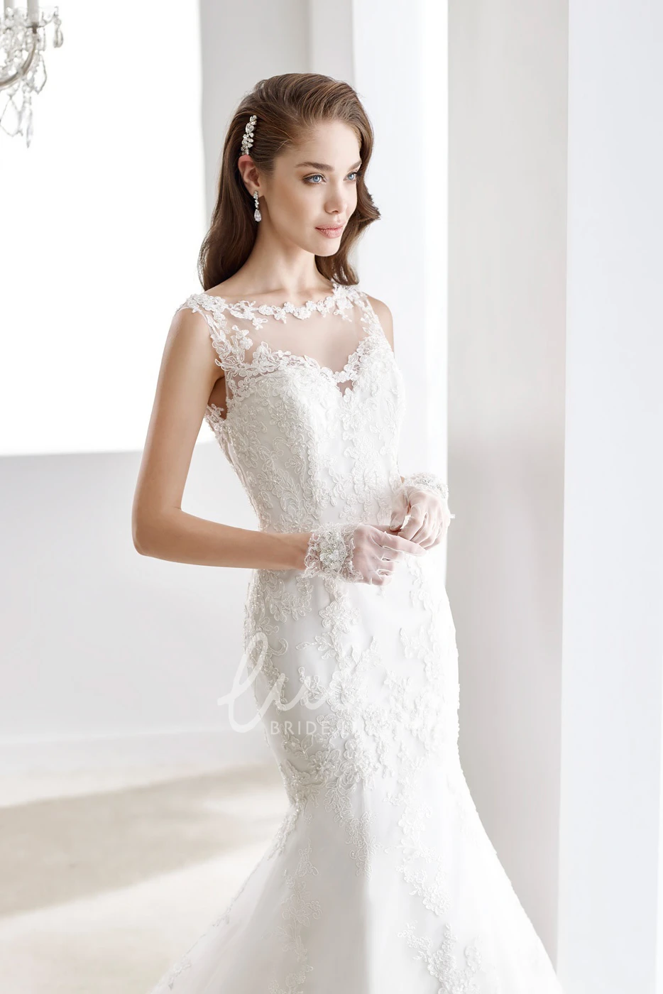 Lace Wedding Dress with Illusive Neckline and Brush Train Sheath Style