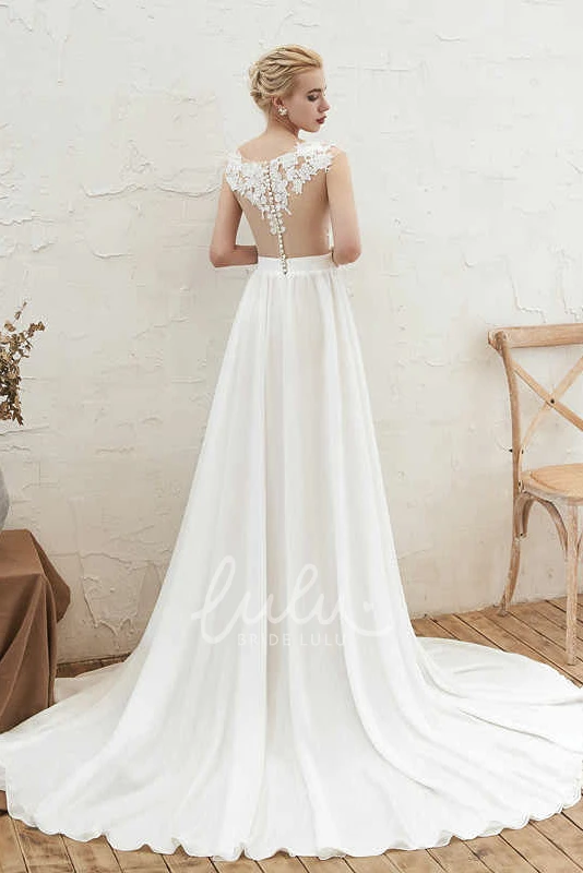 Illusion Cap Sleeve A-line Chiffon Bridal Gown with Lace Appliques