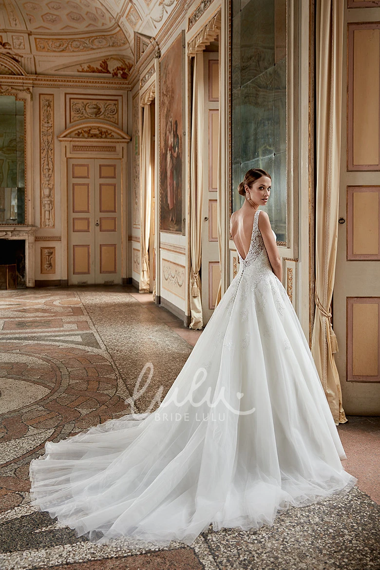 Floor-Length Ruffled V-Neck A-Line Tulle Wedding Dress