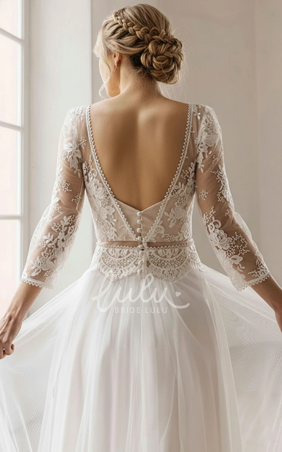 V-Neck Lace Boho Wedding Dress A-Line 3/4 Sleeve Elopement Beach Gown
