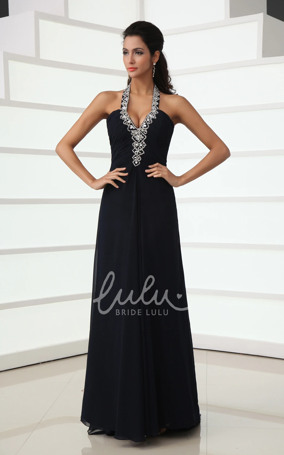 Halter Back Crystal A-Line Formal Formal Dress