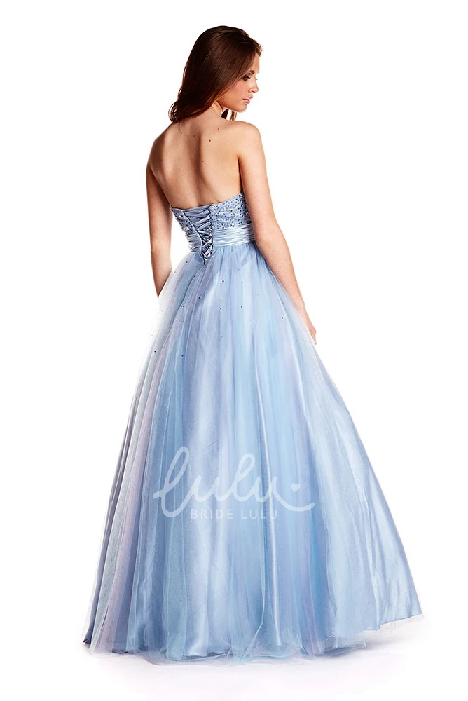 Long A-Line Tulle and Satin Prom Dress with Beaded Bodice and Strapless Design
