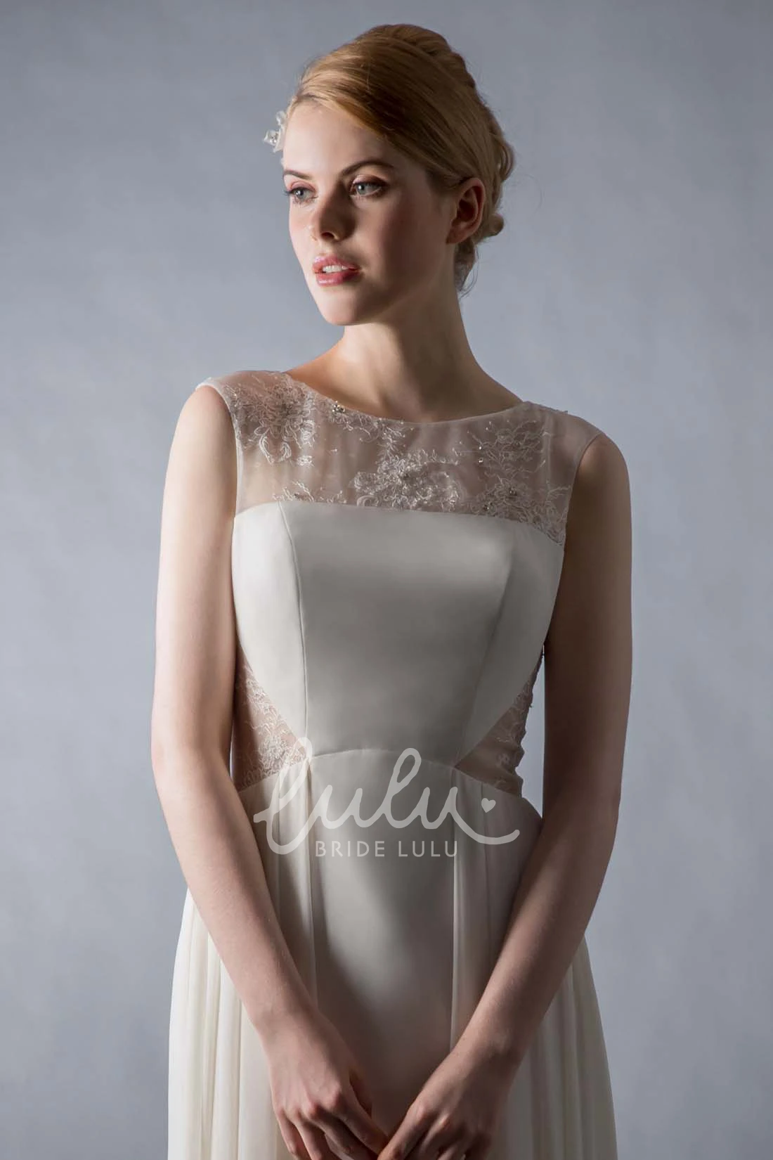 Sheath Beaded Satin&Chiffon Wedding Dress with Scoop Cap-Sleeve & Illusion Back