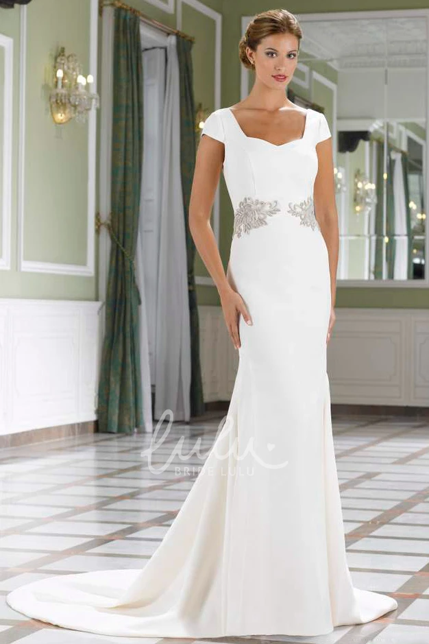 Short-Sleeve Square-Neck Satin Wedding Dress in Sheath Style