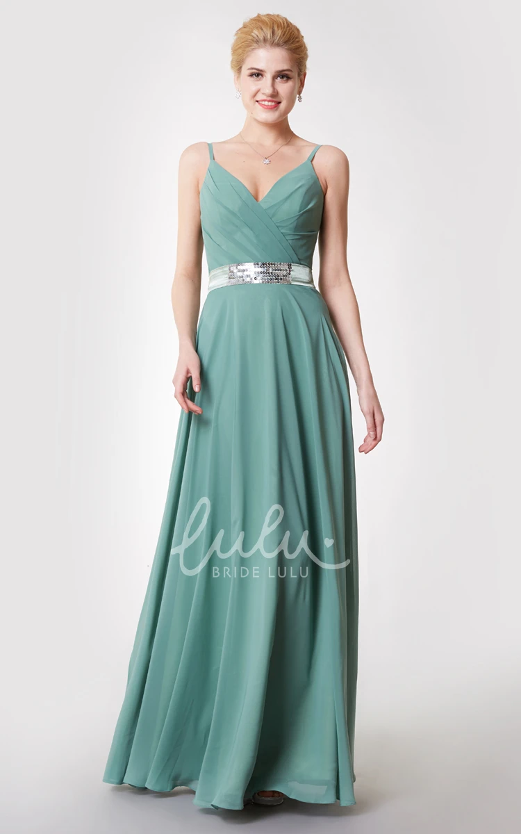 V Neck Ruched Chiffon Gown with Beaded Sash Elegant Bridesmaid Dress