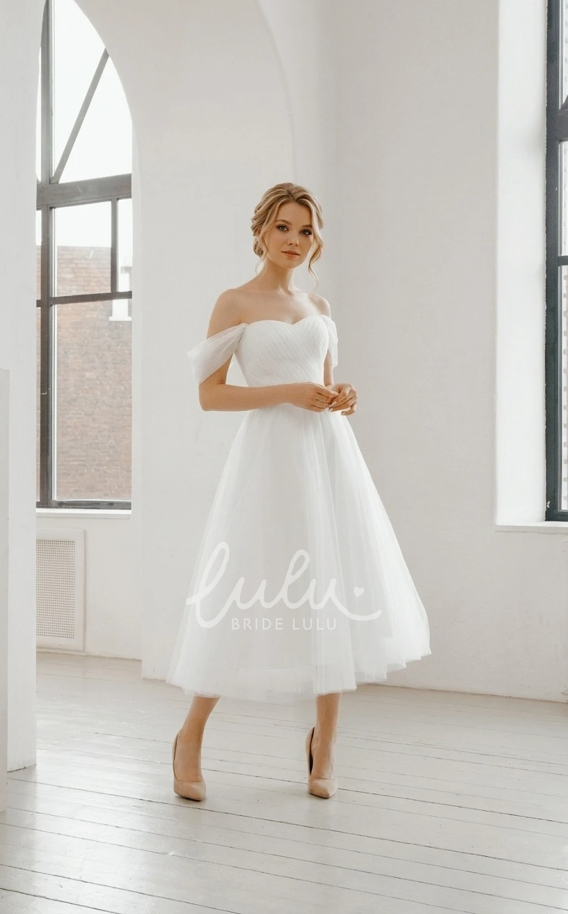 Tulle Simple Sexy Adorable Modern A-Line Off-the-shoulder Sweetheart Garden Petite Tea-length Pleats Sleeveless Backless Lace-up Back Wedding Dress Gown