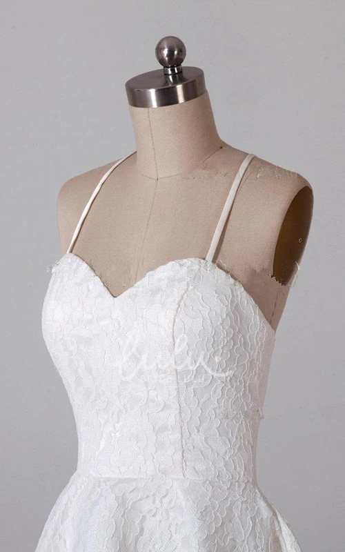 High-Low Lace Formal Dress Spaghetti Straps and Strap Back