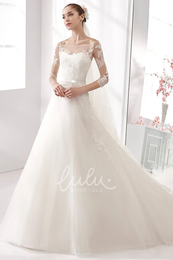 A-Line Wedding Dress with Satin Sash and Lace Bodice 3/4 Sleeves