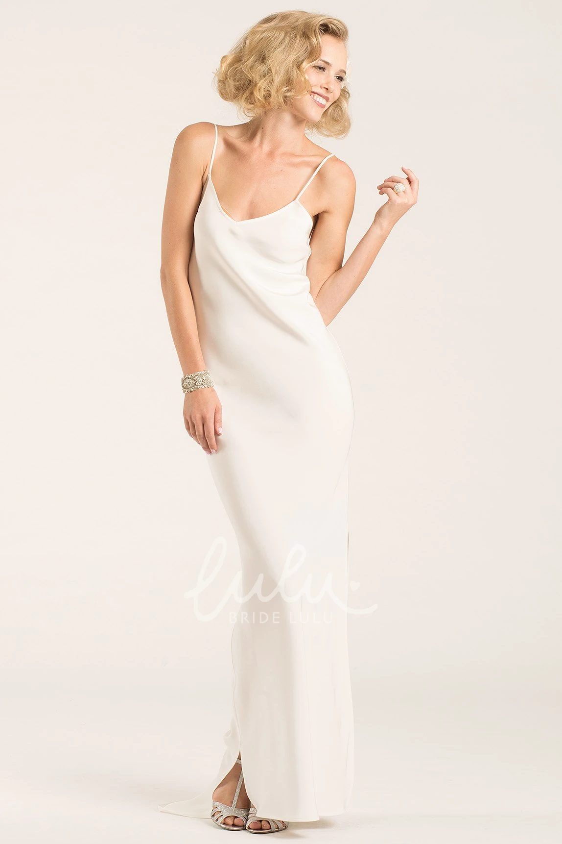 Sleeveless Spaghetti Satin Floor-Length Sheath Wedding Dress with Split-Back Simple Wedding Dress