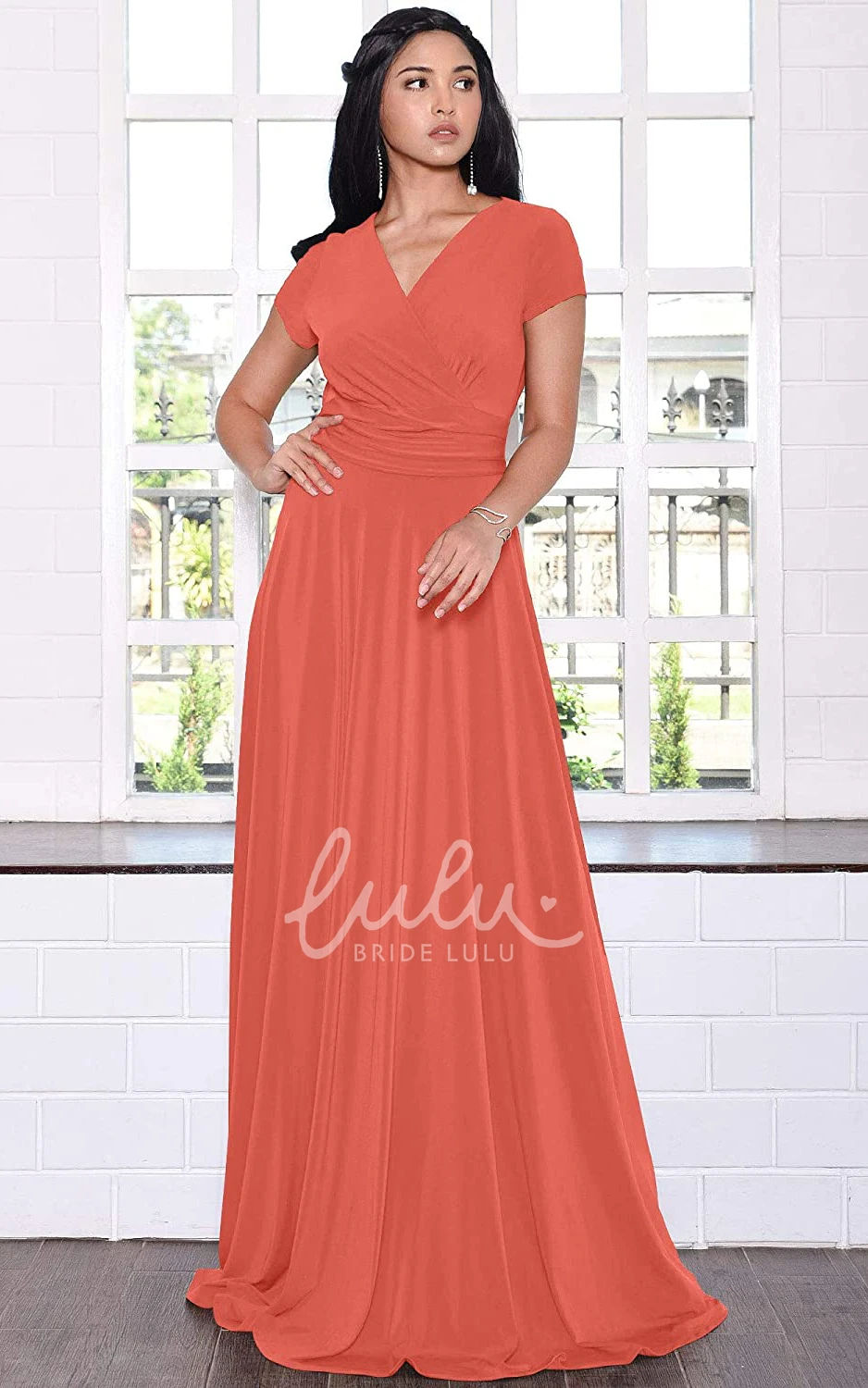 Simple Jersey V-neck A-line Evening Dress with Criss Cross and Pleats Prom Dress