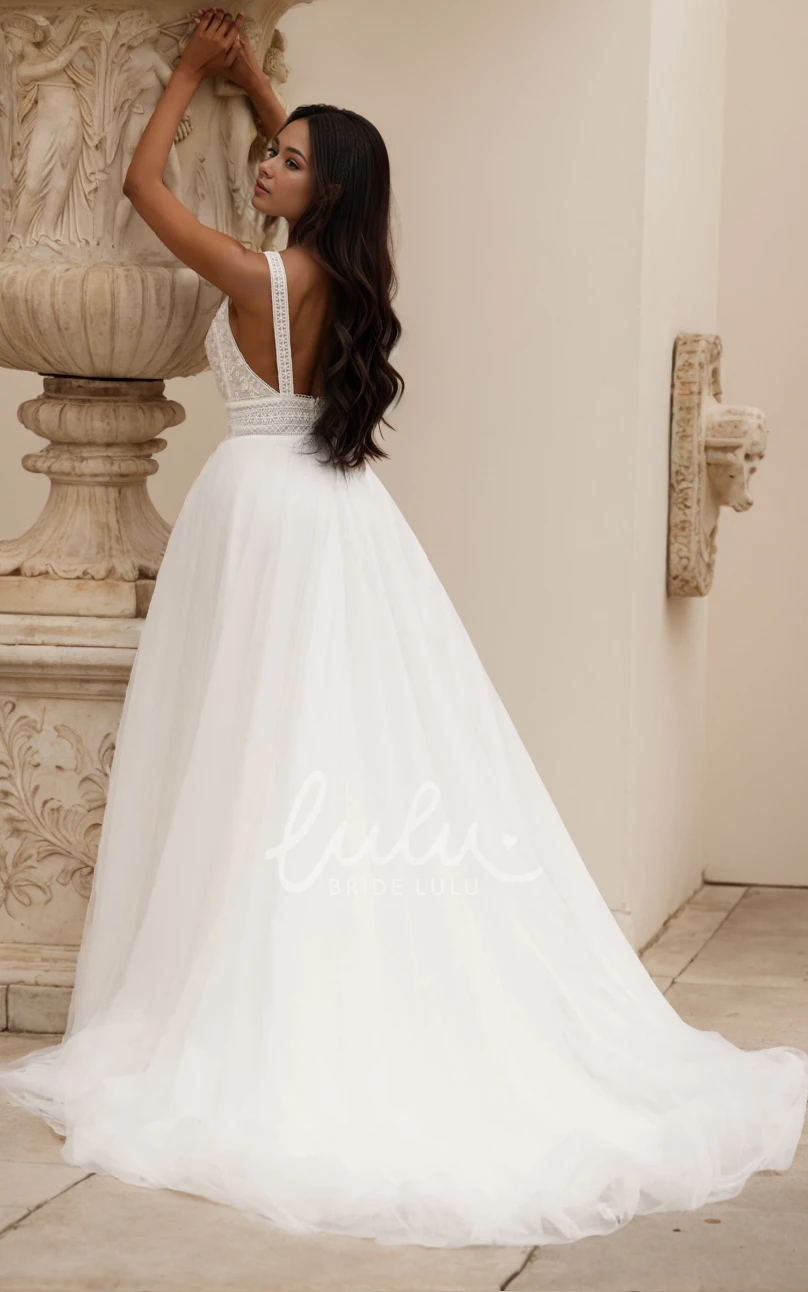 A-Line Bateau Neck Sleeveless Lace Tulle Wedding Dress Backless Bridal Gown with Train and Zipper