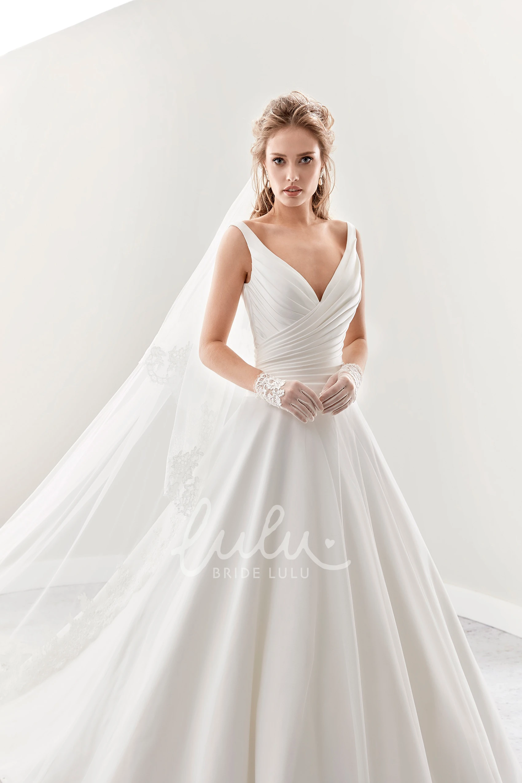A-Line V-Neck Pleated Warm Wedding Dress with Low-V Back and Brush Train