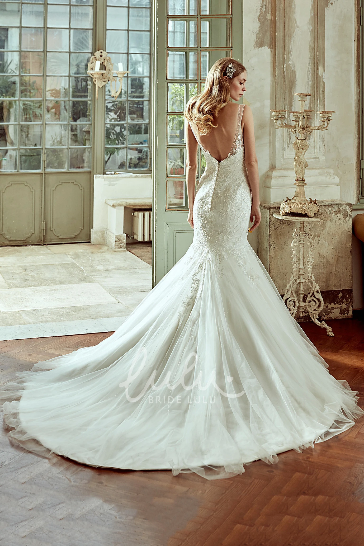 Backless Mermaid Lace Wedding Dress with Illusive Straps Unique Wedding Dress for Women