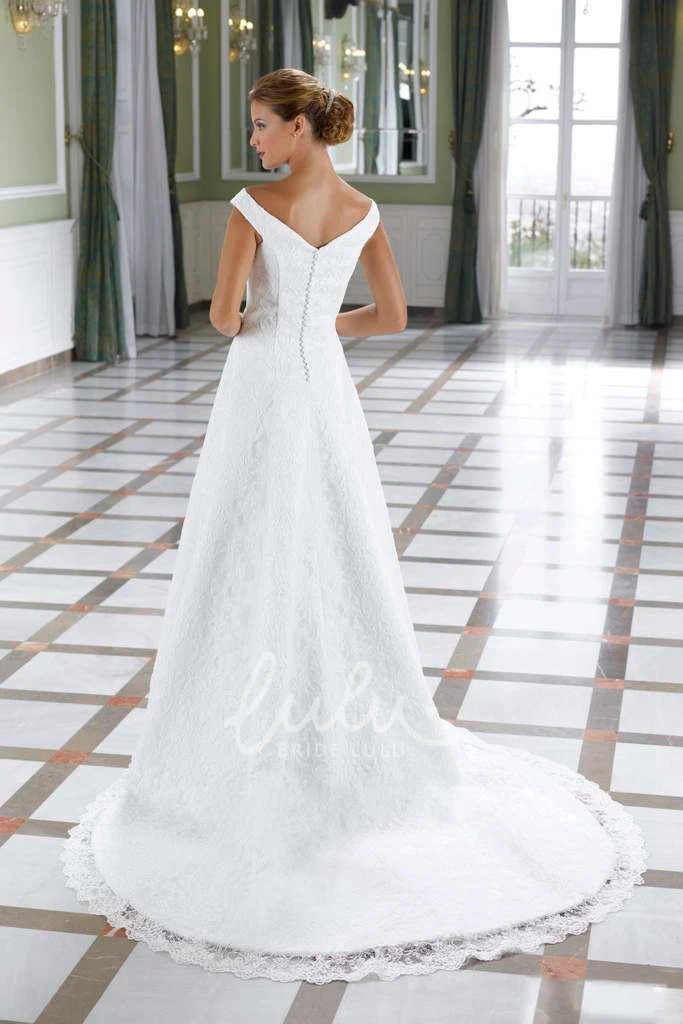 Lace Jeweled Wedding Dress with Low-V Back and Court Train A-Line Floor-Length