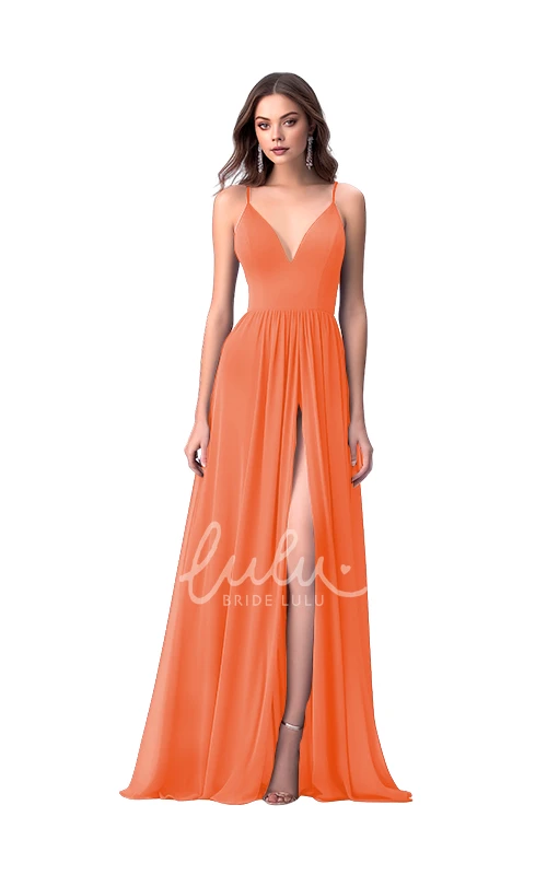 A-Line Chiffon Romantic V-neck Bridesmaid Dress with Split Front Modern Wedding Dress