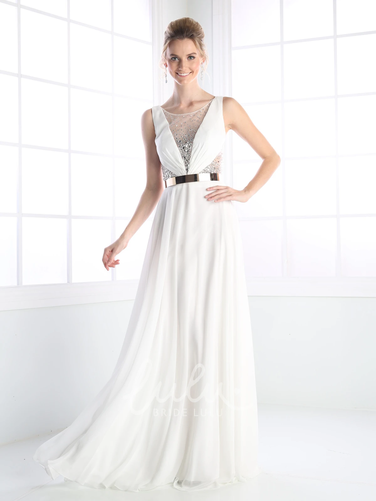 Scoop-Neck Sleeveless Chiffon Dress with Low-V Back A-Line Prom Dress