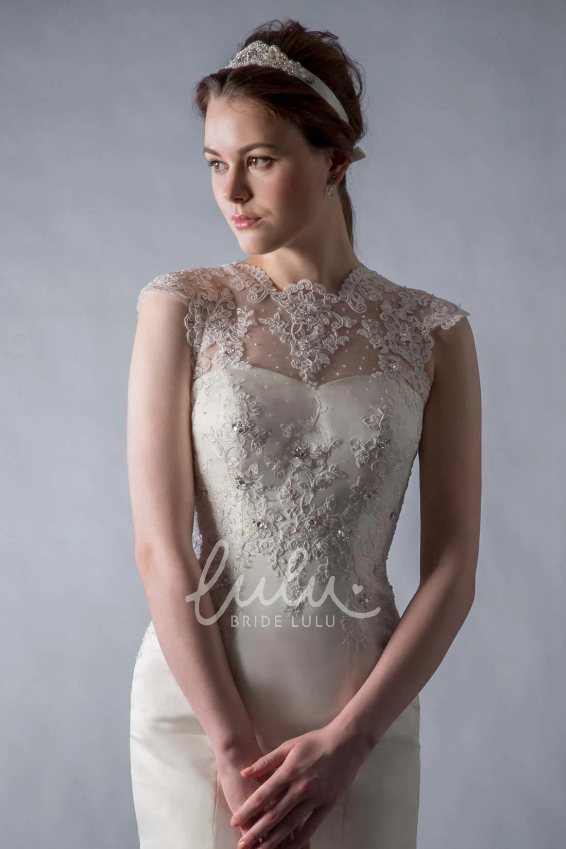 Cap-Sleeve Jewel Satin Sheath Wedding Dress with Illusion Back and Beading