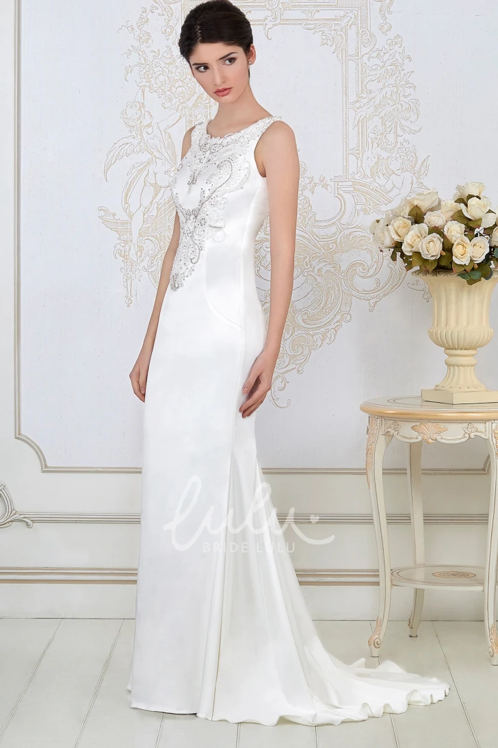 Beaded Satin Sheath Wedding Dress Sleeveless Scoop-Neck Maxi