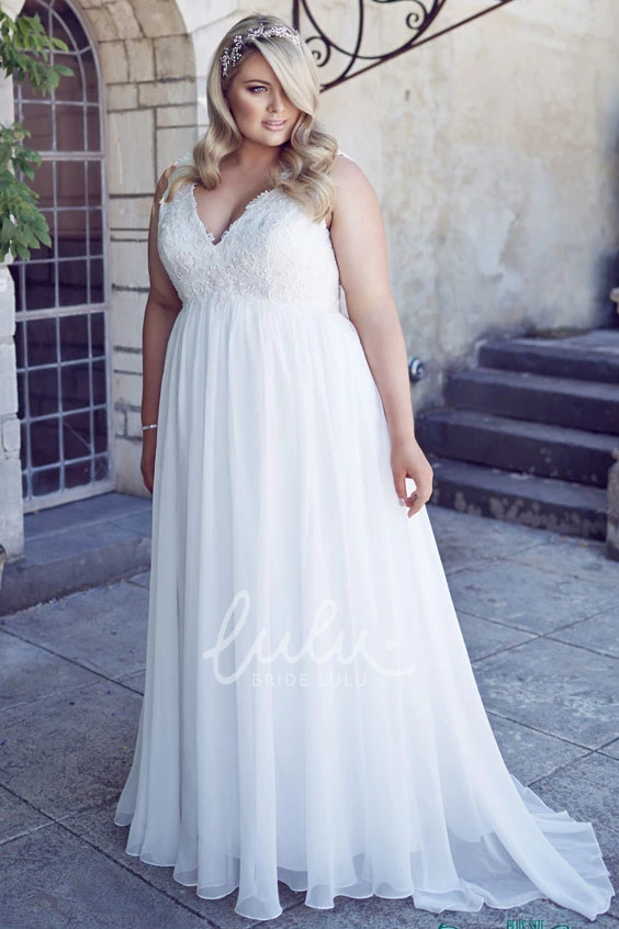 Plus Size Chiffon Wedding Dress with Appliques Sleeveless V-Neck Floor-Length Gown
