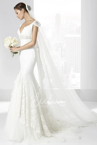 Mermaid Appliqued Lace Wedding Dress with Cap-Sleeve and Waist Jewellery