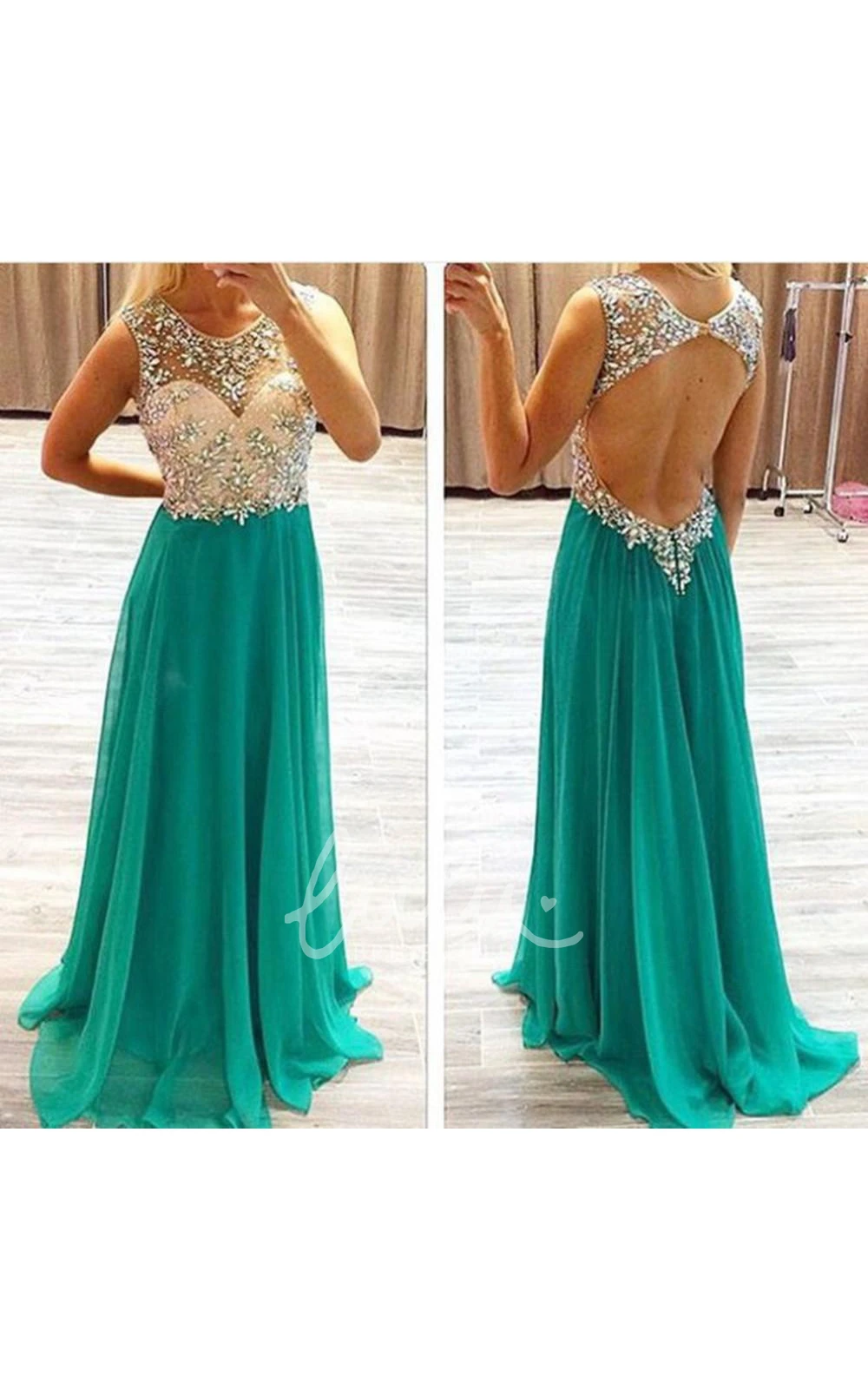 Illusion Crystals Chiffon Formal Dress with Sweep Train Newest Arrival