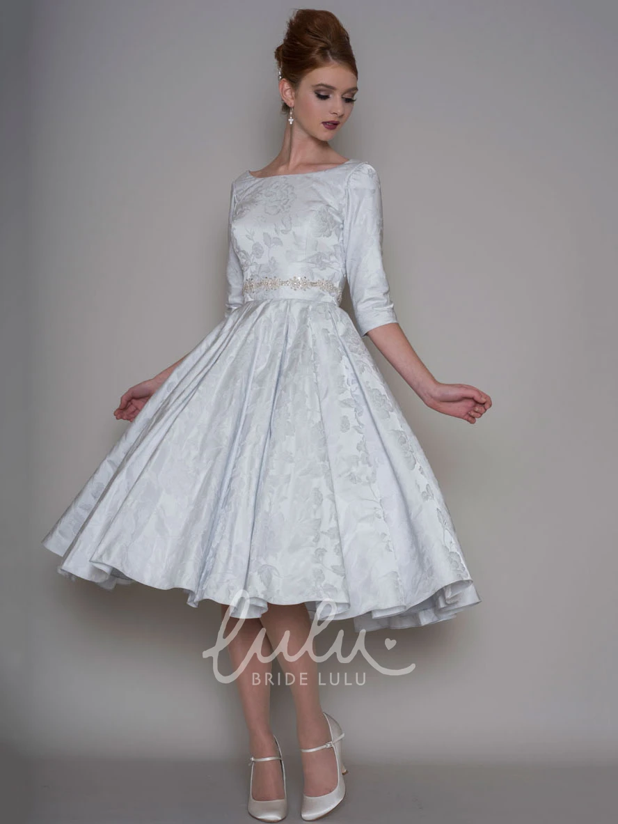 Satin Jeweled Bateau Neck A-Line Tea-Length Wedding Dress