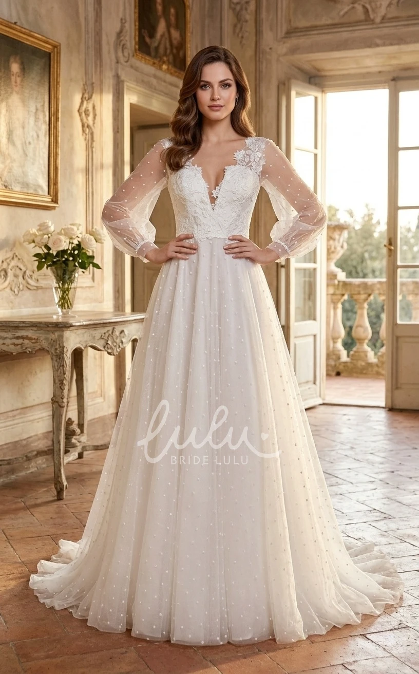 Mature Modest A-Line Boho Lace Plunging Neck Spring Wedding Dress Floral Elegant Long Puff Sleeve Appliqued Polka Dot Tulle Bridal Gown