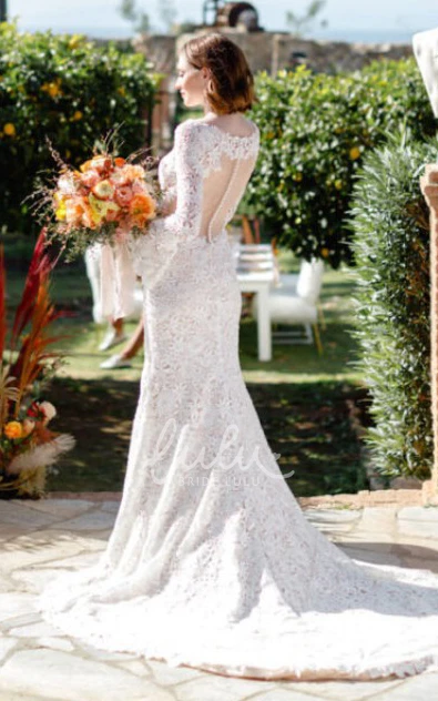 Bohemian Bateau Beach Wedding Dress with Illusion Back and Ruching Lace Sheath