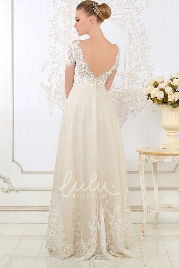 Timeless Short-Sleeve Lace Wedding Dress with V-Neck Floor-Length Silhouette