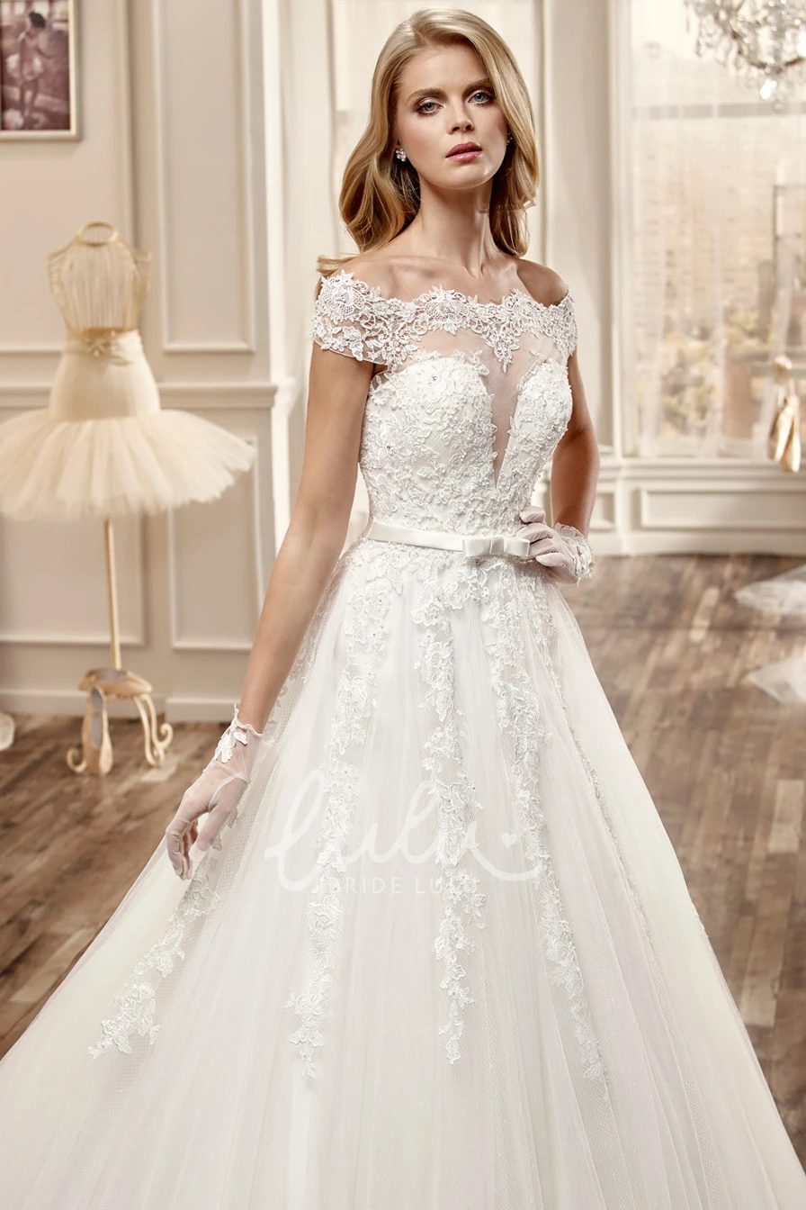 Lace Off-Shoulder A-Line Wedding Dress with Deep-V Romantic Bridal Gown
